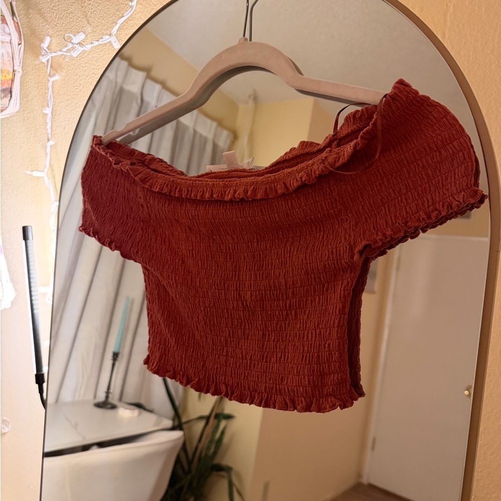 Rust Off-Shoulder Smocked Top